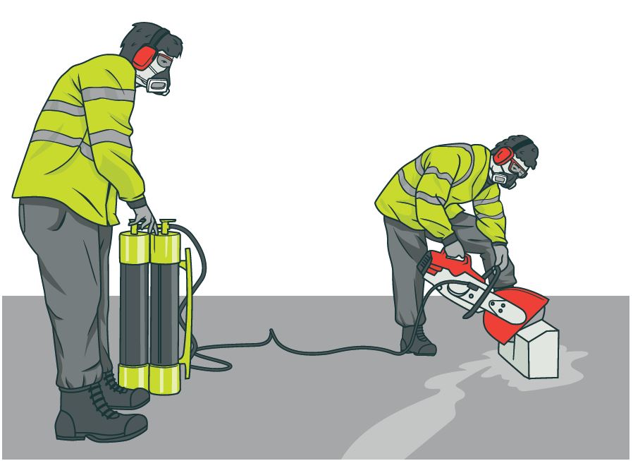Two workers using power tools with water supression